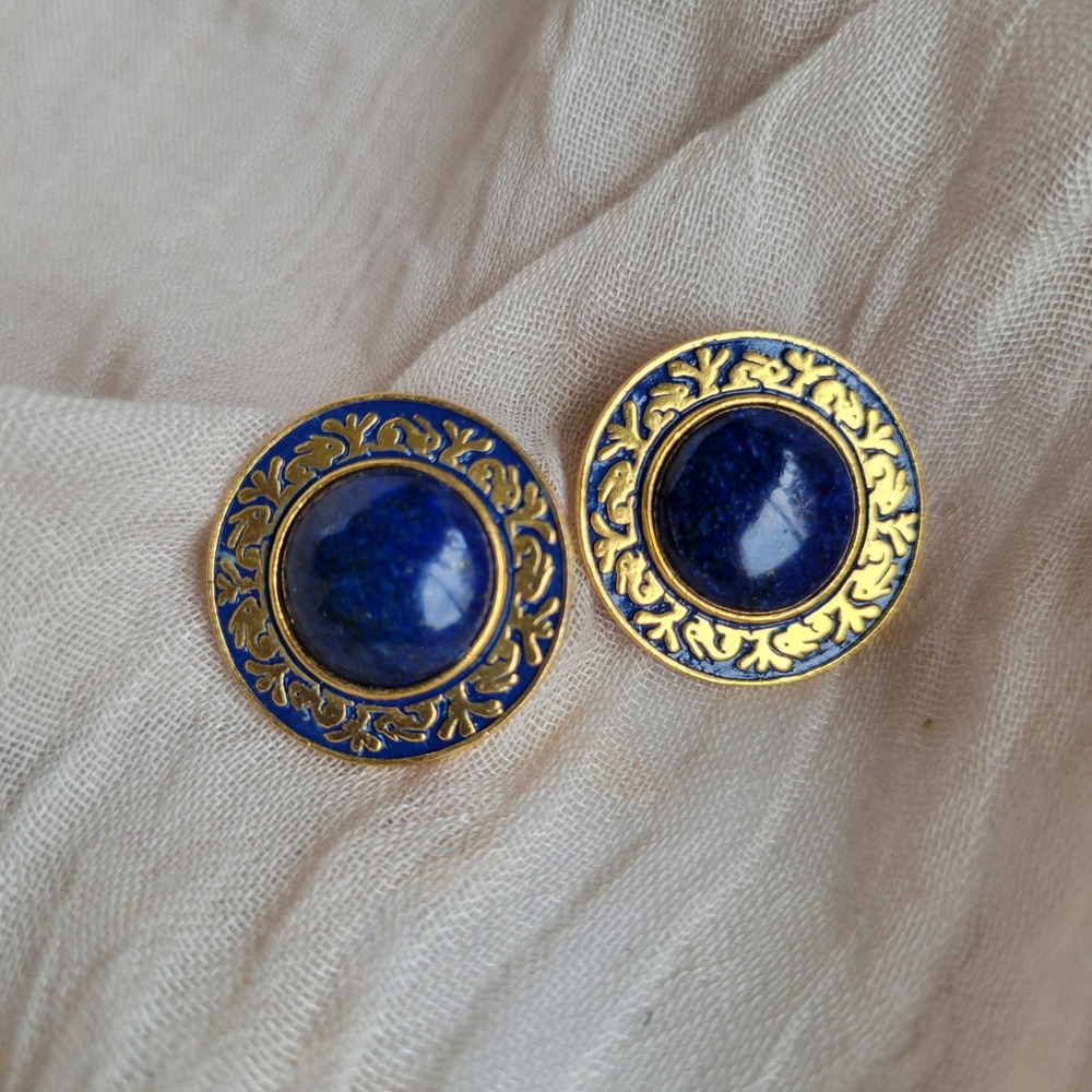 MFA Boston Year of the Rabbit Clip-on Earrings Blue Lapis Gold Tone Vintage